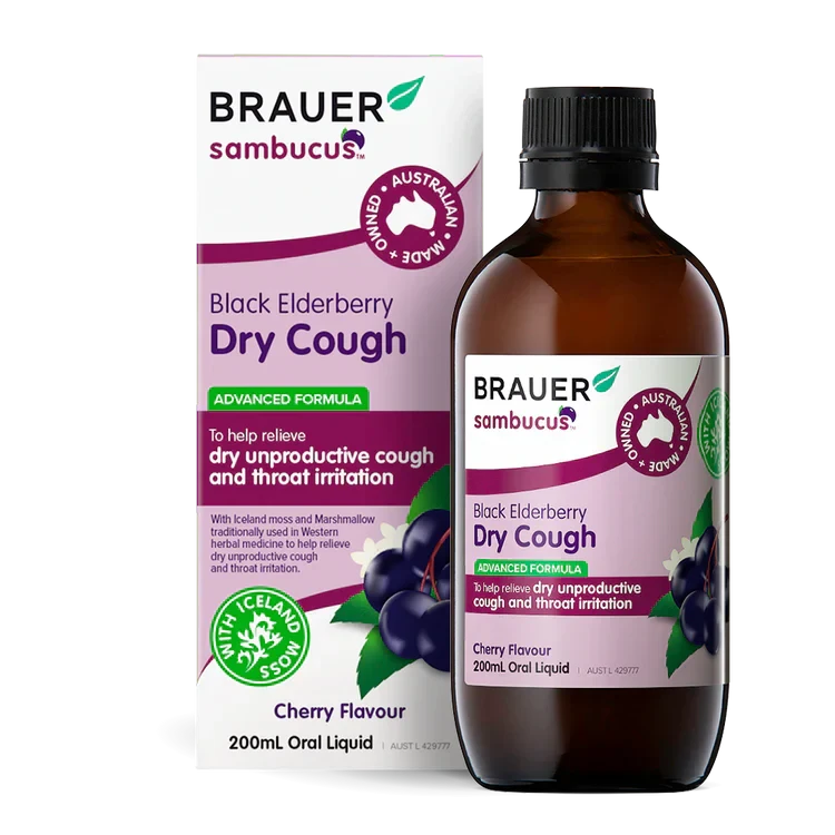 Brauer Sambucus Black Elderberry Dry Cough (Advanced Formula) Cherry Flavour Oral Liquid Supplement Oborne Health Supplies/CH2 