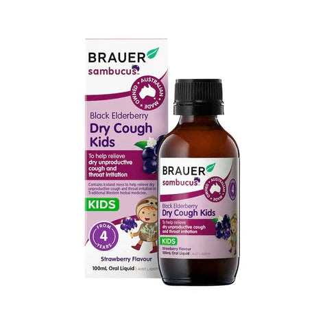 Brauer Sambucus Black Elderberry Kids Dry Cough Strawberry Flavour Oral Liquid 100ml Supplement Oborne Health Supplies/CH2 