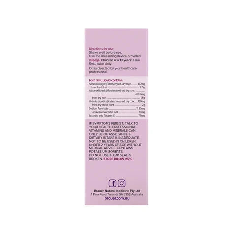 Brauer Sambucus Black Elderberry Kids Dry Cough Strawberry Flavour Oral Liquid 100ml Supplement Oborne Health Supplies/CH2 