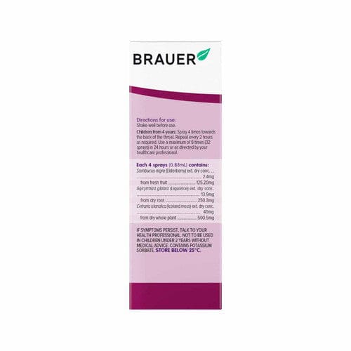 Brauer Sambucus Kids Sore Throat Spray Strawberry Flavour Oral Spray 50ml Supplement Oborne Health Supplies/CH2 
