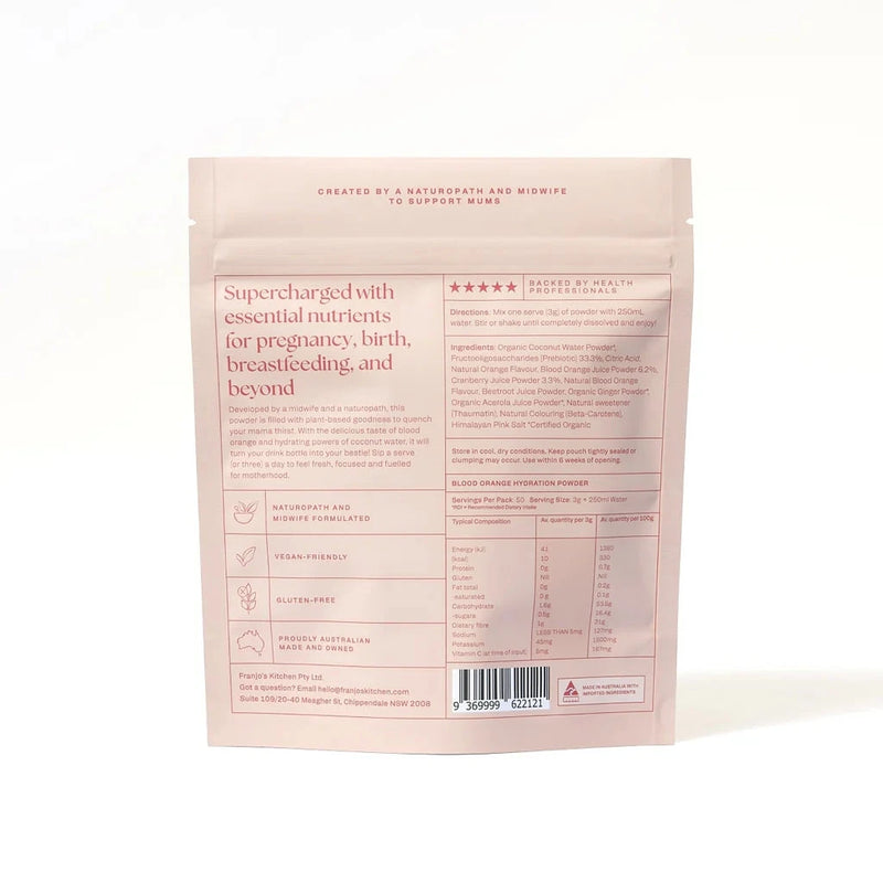 Franjos Kitchen Motherhood Hydration Powder - Blood Orange and Coconut water 150g Supplement Oborne Health Supplies/CH2 