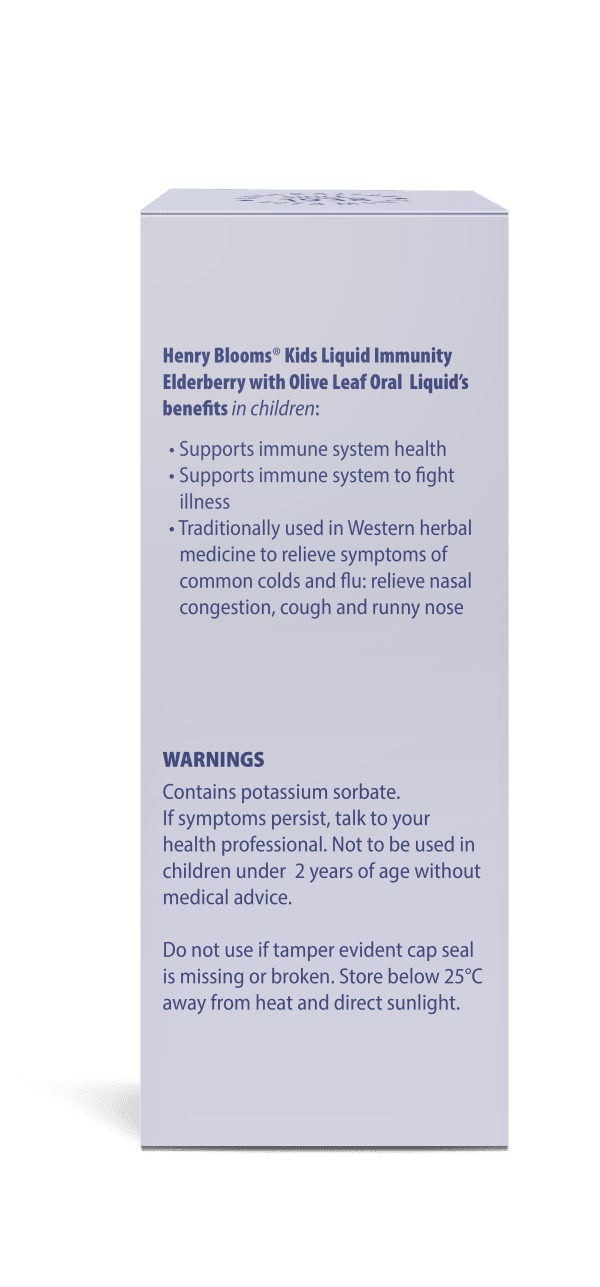Henry Blooms Kids Liquid Immunity Elderberry with Olive Leaf Blackcurrant 100ml Supplement Oborne Health Supplies/CH2 