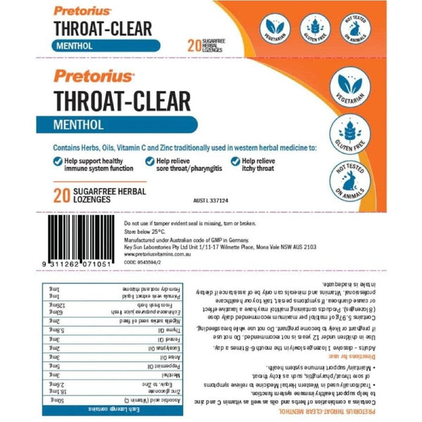 Pretorius Throat-Clear Lozenges Menthol 20 Pack Supplement Integria Health Care 