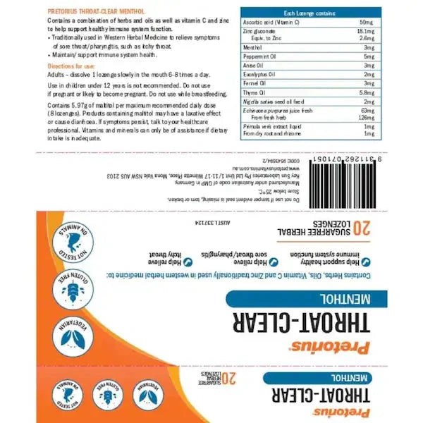 Pretorius Throat-Clear Lozenges Menthol 20 Pack Supplement Integria Health Care 