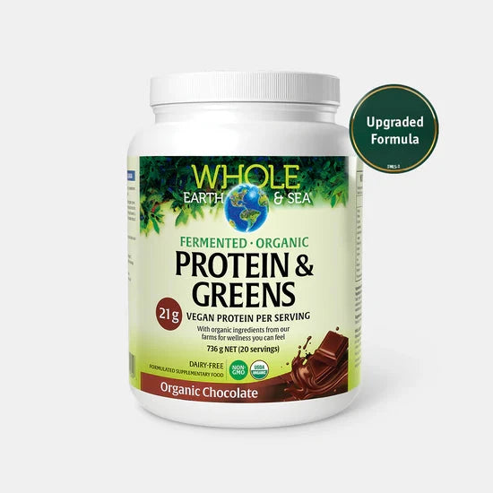 WHOLE EARTH & SEA FERMENTED ORGANIC PROTEIN & GREENS CHOCOLATE 736G Supplement Oborne Health Supplies/CH2 