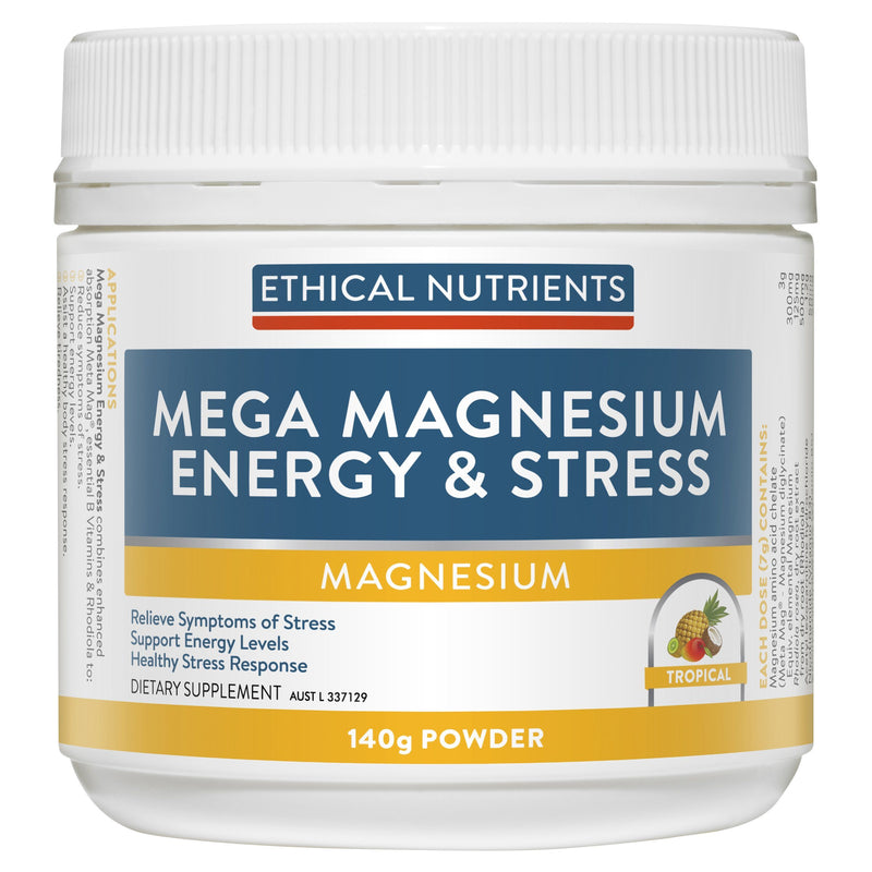 Ethical Nutrients Mega Magnesium Energy & Stress Powder Supplement Metagenics (Aust) Pty Ltd 140g Tropical 