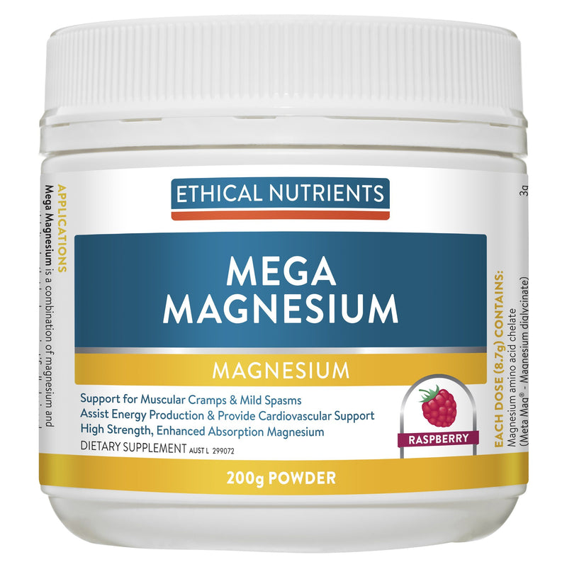Ethical Nutrients Mega Magnesium Powder Raspberry Supplement Metagenics (Aust) Pty Ltd 200g Raspberry 