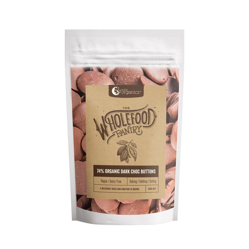 NutraOrganics The WholeFood Pantry 74% Organic Dark Choc Buttons Grocery Oborne Health Supplies 